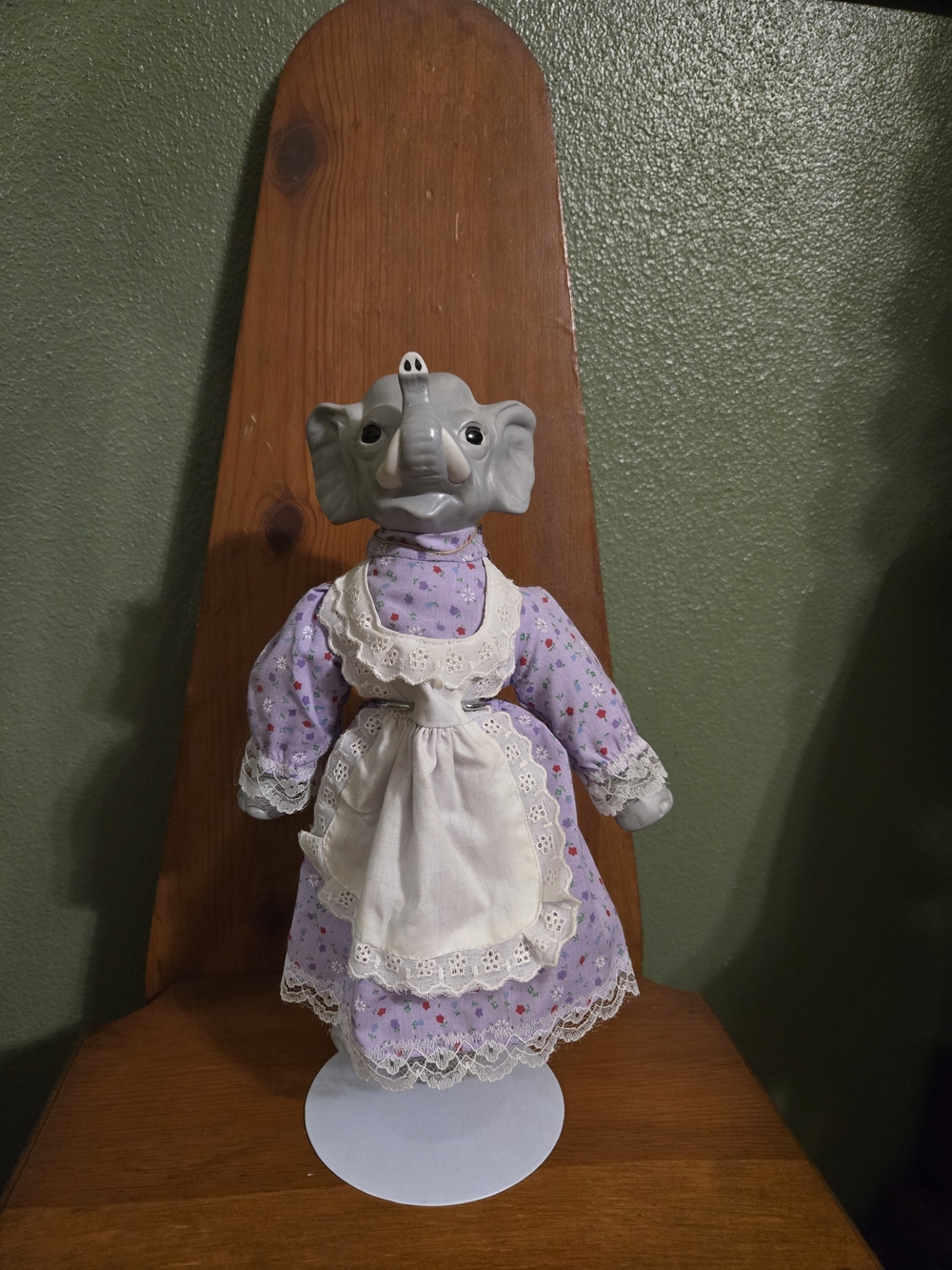 Vintage Ceramic Elephant Doll in Lavender Floral Dress with White Apron